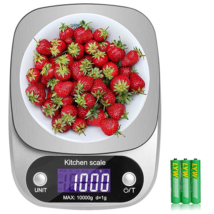 Digital Kitchen Scale (10kg ,1g) MBLAI Electronic Cooking Food Scale with LCD Display, Multifunction Baking Food Scale, Stainless Steel,High Accuracy and Tare Function (Batteries Included)