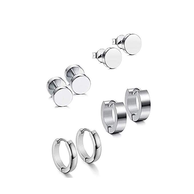 3-8Pairs Stainless Steel CZ Stud Earrings Set for Women Mens Hoop Huggie Earrings Ear Piercing Earrings Set Cubic Zirconia Earrings Piercing (0020-sliver-4pairs)