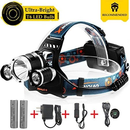 Waterproof 5000Lm LED Headlamp with 4 Mode-Hands Free Headlight Flashlight Torch2 Pcs18650 Rechargeable BatteriesAC ChargerCar Charger for Camping Biking Hunting Fishing Outdoor Sports