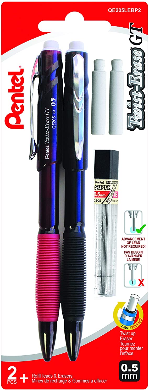 Pentel Twist-Erase GT Mechanical Pencil 0.5mm Assorted Barrel Colours 2-Pack - QE205LEBP2