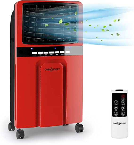 OneConcept Rafraîchisseur d'air silencieux, Nettoyeur, Ventilateur à eau, Humidificateur, 3 Niveaux, 360m³/h, Rafraichisseur d'air mobile silencieux et performant, 2 recharges réfrigérantes (Rouge)