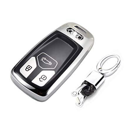 TurningMax Keyless Entry Remote Cases Smart Key Fob Cover with Keychain Full Protection Soft TPU Holder Shell for 3-Buttons Audi A4L TT A5 Q5L Q7 2016 2017 2018, etc – Silver