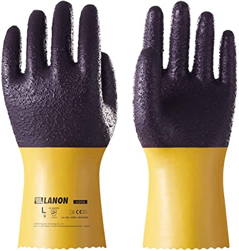 LANON U200 Heavy Duty PVC Safety Gloves, Reusable Ultra Grip Oil Resistant Work Gloves, Anti Abrasion, Anti-aging, Mechanical Resistance, CE Listed, CAT II, Extra Large