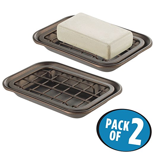 mDesign 2-Piece Soap Dish Tray for Kitchen Sink Countertops: Drainer and Holder for Soap, Sponges - Drainage Grid with Tray - Pack of 2, Rust Resistant Stainless Steel Metal in Bronze Finish