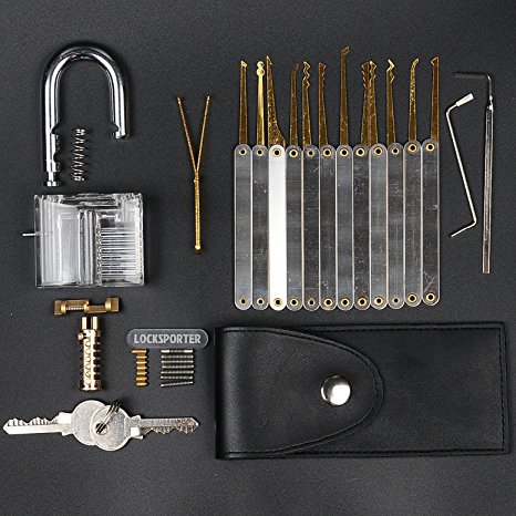 Locksporter 15 Piece Lock Pick Set Gold Edition with Clear Padlock and Ebook Guide