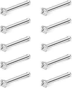 Ruifan 10PCS 22G Surgical Steel Mix Color Diamond CZ Nose Stud Rings Bone Pin Piercing Jewelry 1.5mm 2mm 2.5mm 3mm