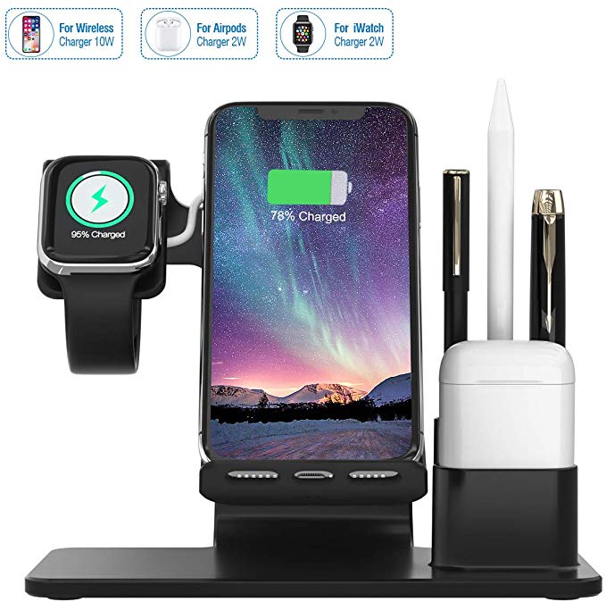 Wireless Charger Stand, 2019 New Wonsidary 4 in 1 Wireless Charging Station for iPhone Xr/Xs/Xs Max/X/8/8Plus/iWatch/Airpods, 10W Qi-Certified Wireless Charging for Samsung, Apple Pencil Holder
