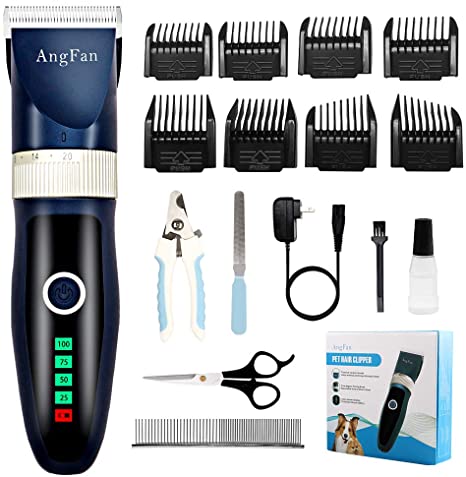 AngFan Dog Clippers 16pcs Dog Grooming Kit Noiseless Cordless Dog Grooming Clippers Professional Rechargeable Dog Trimmer Electric Hair Clippers for Thick Coats Small Medium Large Dogs Cats Pets
