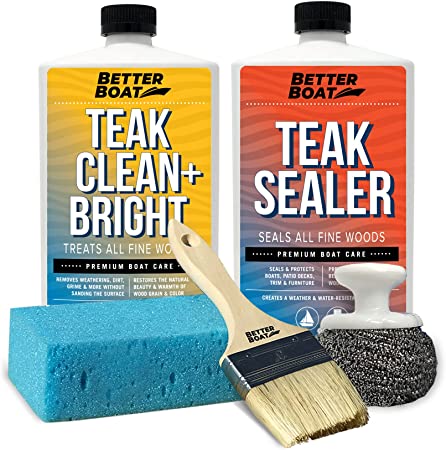 Teak Cleaner Brightener for Wood Teak Oil or Teak Sealer for Boats, Indoor Furniture, Shower Stool & Wood Outdoor Furniture Restorer Kit Clean & Bright for Stains