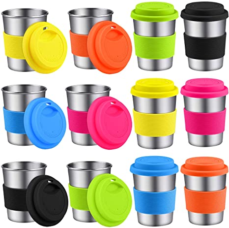 Ruisita 12 Pack 8 Ounce Stainless Steel Cups with Silicone Lids and Sleeves Unbreakable Drinking Pint Cups for Children and Adults (12, 8 Ounce)