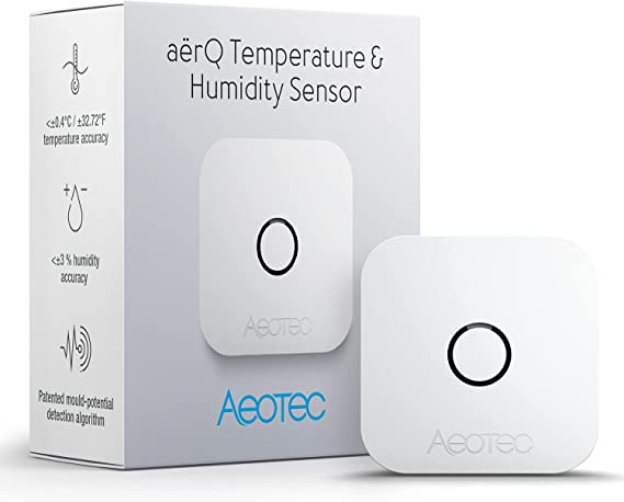 ZWave temperature, humidity, dew point sensor: Aeotec aërQ, wireless, battery powered, SmartThings sensor, Z-Wave Plus, Z-Wave hub required