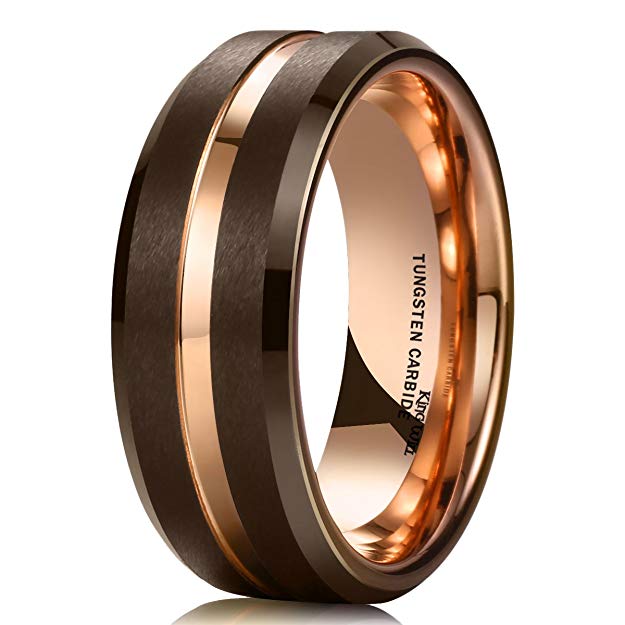 King Will DUO 8mm Mens Brown Tungsten Carbide Wedding Band Ring Rose Gold Inside Groove Beveled Edge Comfort Fit