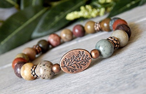Natural Colorful Stone Beaded Bracelet River Jasper with Red Green Yellow Earthy Tones and Tree Branch Focal Bead Bohemian Nature Inspire Jewelry