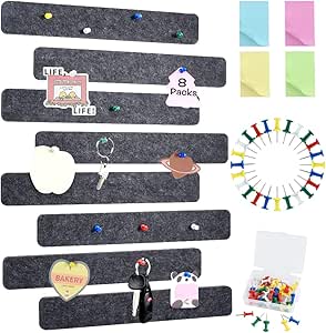 Vuzvuv 8Pcs Dark Grey Cork Board Bar Strips with 50 Pushpins & Sticky Notes, Self-Adhesive Bulletin Board Strips No Damage for Wall, Felt Pin Board for Paste Notes, Photos, Schedules Office Decor