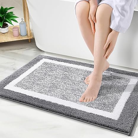 OLANLY Bathroom Rugs 30x20, Extra Soft and Absorbent Microfiber Bath Mat, Non-Slip, Machine Washable, Quick Dry Shaggy Bath Carpet, Suitable for Bathroom Floor, Tub, Shower (Grey and White)