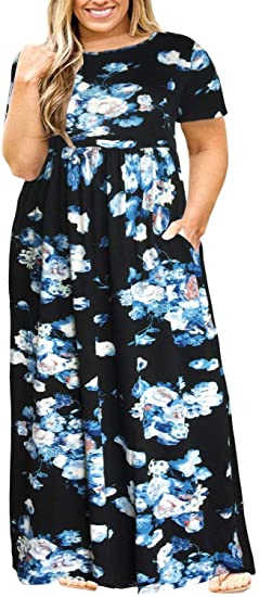 Nemidor Women Short Sleeve Loose Plain Casual Plus Size Long Maxi Dress with Pockets