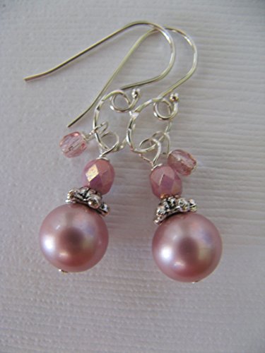 Pink Picasso Glass Pearl Sterling Silver Earrings