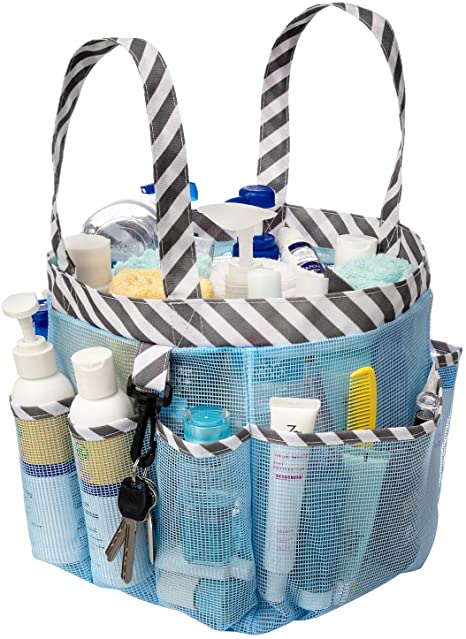 iHomeYC Portable Mesh Shower Caddy, Camping Bathroom Shower Caddy Tote, College Dorm Room Essentials Organizer with Key Hook and 8 Basket Pockets,Blue