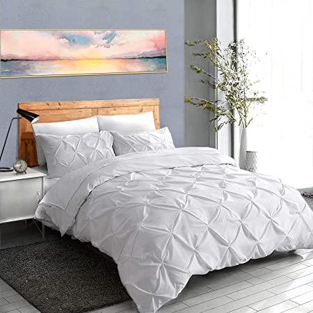 Soft Reliable Luxurious 3Pcs Pinch Pleated Duvet Cover Set Zipper Closer with Corner Ties King/Cal-King (94" x 104") Size, 100% Egyptian Cotton 800TC Stain Resistant & Hypoallergenic, White Solid