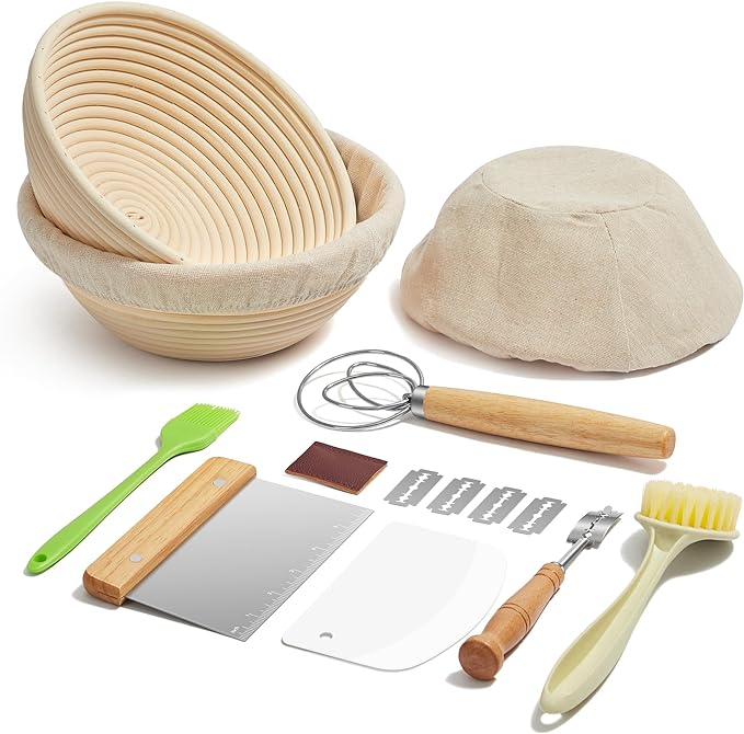 Kootek Sourdough Bread Baking Supplies, 9 Inch Round Sourdough Starter Kit, Baking Tools Banneton Bread Proofing Basket Set of 2 with Bread Lame, Dough Scraper, Basket Cover for Bread Making