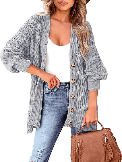 MASCOMODA Women's Long Sleeve Oversized Cable Knit Sweater Cardigan 2023 Fall Open Front Button Down Chunky Knit Outwear Coat