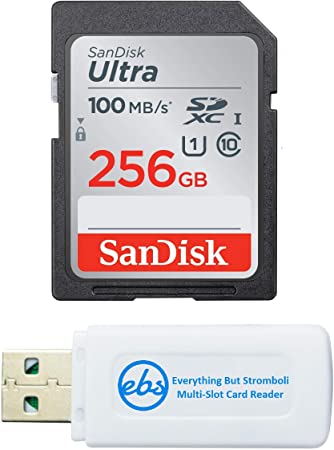 SanDisk SDXC Ultra 256GB Memory Card for Camera Panasonic Lumix Works with DMC-G85, DC-GX9, DMC-G80, DC-S1, DC-G9 (SDSDUNR-256G-GN6IN) Bundle with (1) Everything But Stromboli SD & Micro Card Reader