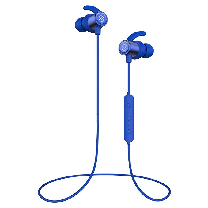 Bluetooth Earphones with Mic,SoundPEATS Dual 4.1 Magnetic Wireless Headsets IPX 6 for Gym,Secure Fit In Ear works with All Androids and iOS Bluetooth Sets (Super Bass,Lightweight,8 Hours Play Time) Blue