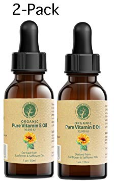 Vitamin E Oil PURE Organic d-alpha tocopherol 30,000 IU - 1 Ounce, Derived from non-GMO Sunflower/Safflower Oil, Soy-Free and Wheat-Free. (2-Pack)