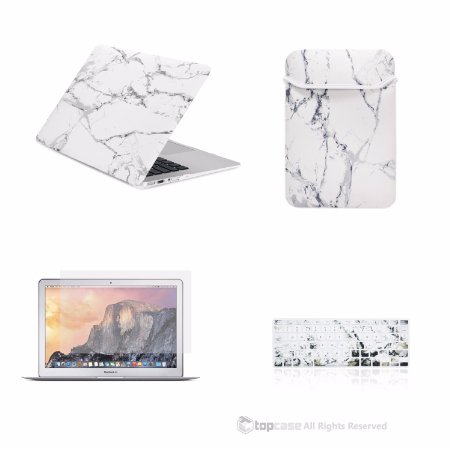 TOP CASE - 4 in 1 Bundle Deal Air 13-Inch Marble Pattern Hard Case, Keyboard Cover, Screen Protector and Sleeve Bag for MacBook Air 13" A1369 & A1466 - White