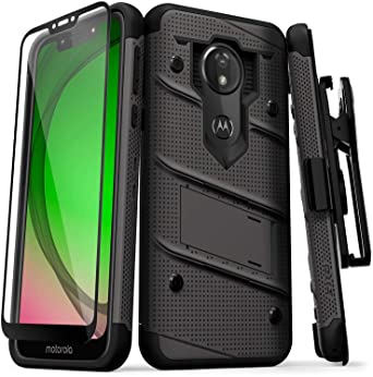 ZIZO Bolt Series Moto G7 Play Case Heavy-Duty Military Grade Drop Tested Bundle with Full Glue Glass Screen Protector Holster and Kickstand Metal Gray Black