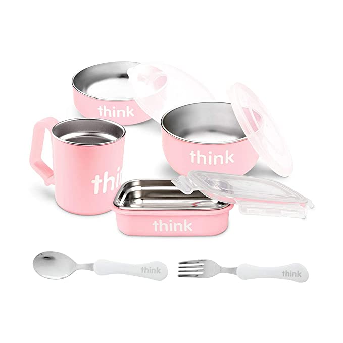 Thinkbaby 9-Piece Feeding Set | Baby Bowl, Cereal Bowl, Bento Box, Lids, Kids Cup, Fork & Spoon | BPA-Free, Stainless Steel Removable Interior - Pink