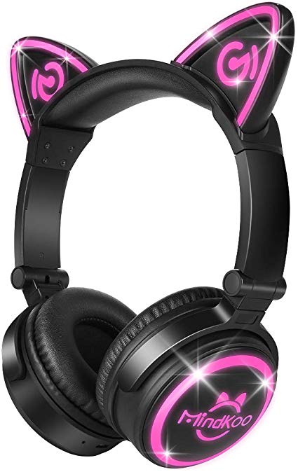 Cat Headphones, MindKoo Wireless Headphones with LED Flashing Glowing Lights Foldable Over Ear Bluetooth Headphones with Mic Gaming Headset (Black Rose)
