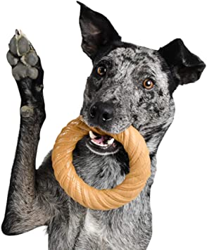Pet Qwerks BarkBone Chew Ring with Peanut Butter Flavor Dog Chew, Fetch and Tug Toy for Aggressive Chewers, Made in USA - Medium
