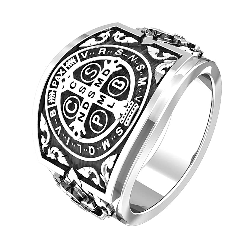 925 Sterling Silver Men's St Benedict Ring Catholic Roman Cross Protection Christmas Size 6-15 (12)