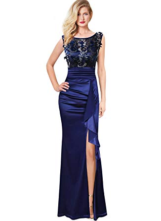 VFSHOW Womens Formal Ruched Ruffles Evening Prom Wedding Party Maxi Dress
