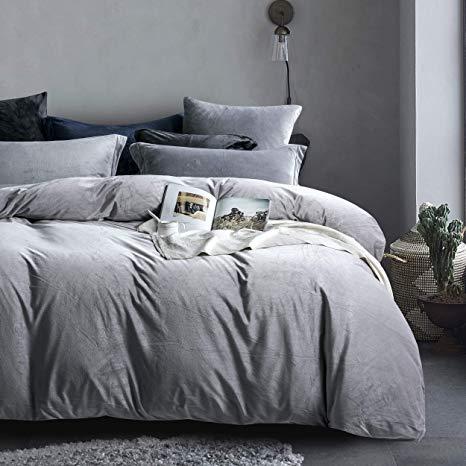 NTBAY Velvet Flannel Duvet Cover Set, 3 Pieces Zippered Comforter Cover Set, Twin, Grey