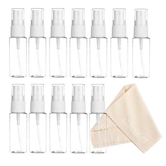 12 Pack Empty 20ml (0.66oz, Less Than 1oz) Clear Plastic Fine Mist Spray Bottle for Cleaning, Travel, Essential Oils, Perfume   Microfiber Cleaning Cloth