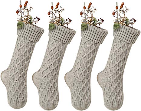 SherryDC Cable Knit Christmas Stockings, Large Size Personalized Fireplace Hanging Stockings for Christmas Decorations (Large/18in, Grey 4 Pack)