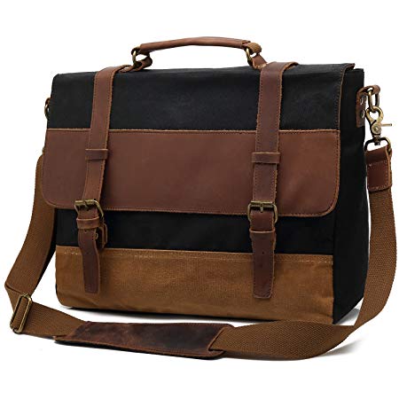 Kenox Men's Briefcase Messenger Bag Waterproof Waxed Canvas Genuine Leather Large Satchel Shoulder Bag for College