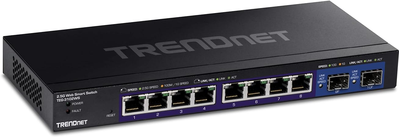 TRENDnet 10-Port Multi-Gig Web Smart Switch, 8 x 2.5GBASE-T Ports, 2 x 10G SFP  Slots, Metal Housing, Managed Network Ethernet Switch, Lifetime Protection, Black, TEG-3102WS