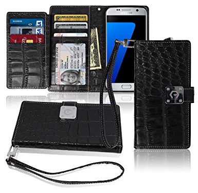S7 Wallet Case, Matt [ 8 Pockets ] 7 ID / Credit Card 1 Cash Slot, Power Magnetic Clip With Wrist Strap For Samsung Galaxy S 7 Leather Cover Flip Diary (Black)