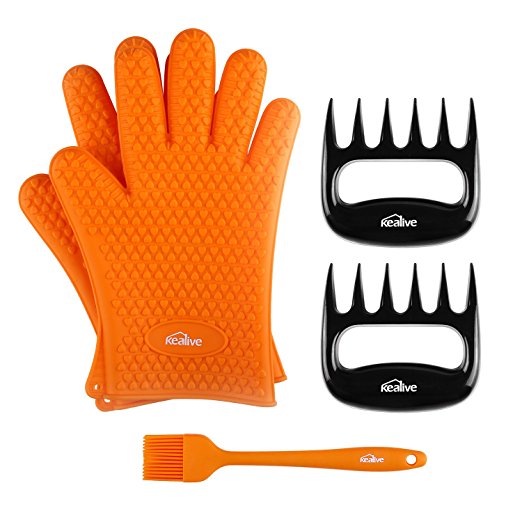 Kealive Barbecue Gloves, Meat Claws and Sauce Brush, Heat Resistant Silicone Gloves Oven Mitts for Kitchen Baking Grill