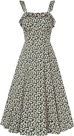 Belle Poque Floral Summer Dresses for Women 2024 Midi Sun Dresses Flowy Spaghetti Strap Dress with Pockets