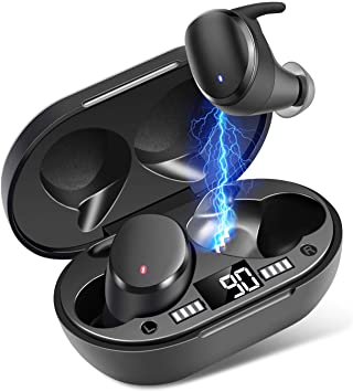 Wireless Headphones, Moosen Bluetooth Earbuds IPX7 Waterproof Wireless Earphones 5.0 with Deep Bass, Mini Portable LCD Digital Display Charging Case, Noise Canceling, Touch Control for Running Sport