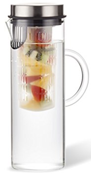 Zell Fruit Infusion Water Pitcher | Leak Proof Strong Borosilicate Glass Infuser Pitcher | Easy to Use Durable Fruit & Loose Leaf Tea Infusion Water Dispenser Stainless Steel Lid | 44 Oz (1.2 Liter)
