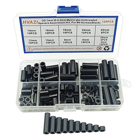 HVAZI Metric Black OD 7mm ID 4.2mm ABS Plastic Round Unthreaded Spacers Assortment Kit;for M4 Screws.4mm to 25mm Height,Round Straight Tube Standoffs