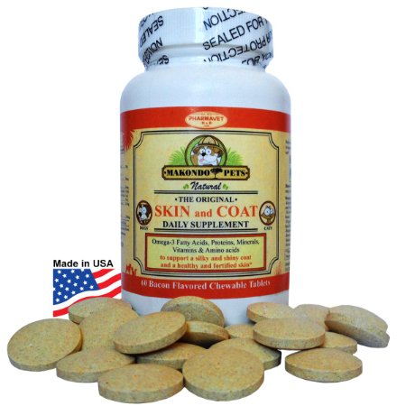 Skin and Coat Supplement for Dogs and Cats Omega 3 Fish Oil Vitamins Amino Acids Minerals 60 Bacon Flavor Chewables