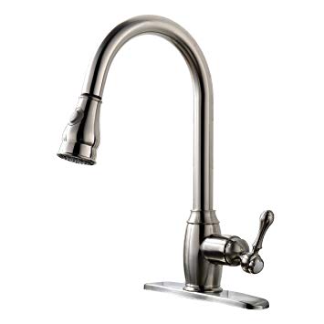 VAPSINT Lead-Free Solid Brass Brushed Nickel Single Handle Pull Down Kitchen Faucet,Stainless Steel Pull Out Kitchen Sink Faucet