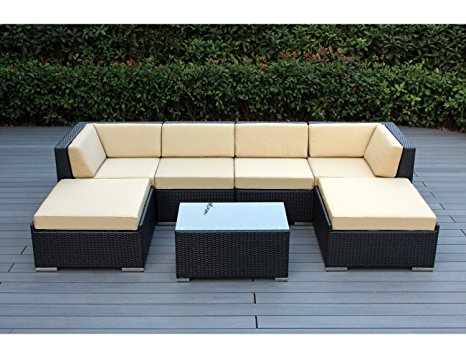 Genuine Ohana Outdoor Patio Wicker Furniture 7pc All Weather Gorgeous Couch Set with BEIGE CUSHION