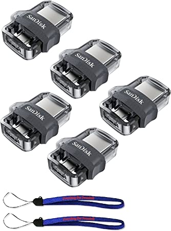 SanDisk Ultra 32GB (Five Pack Bundle) Dual Drive m3.0 (SDDD3-032G-G46) works with Android Devices and Computers Flash Drive with Everything But Stromboli (TM) Lanyard